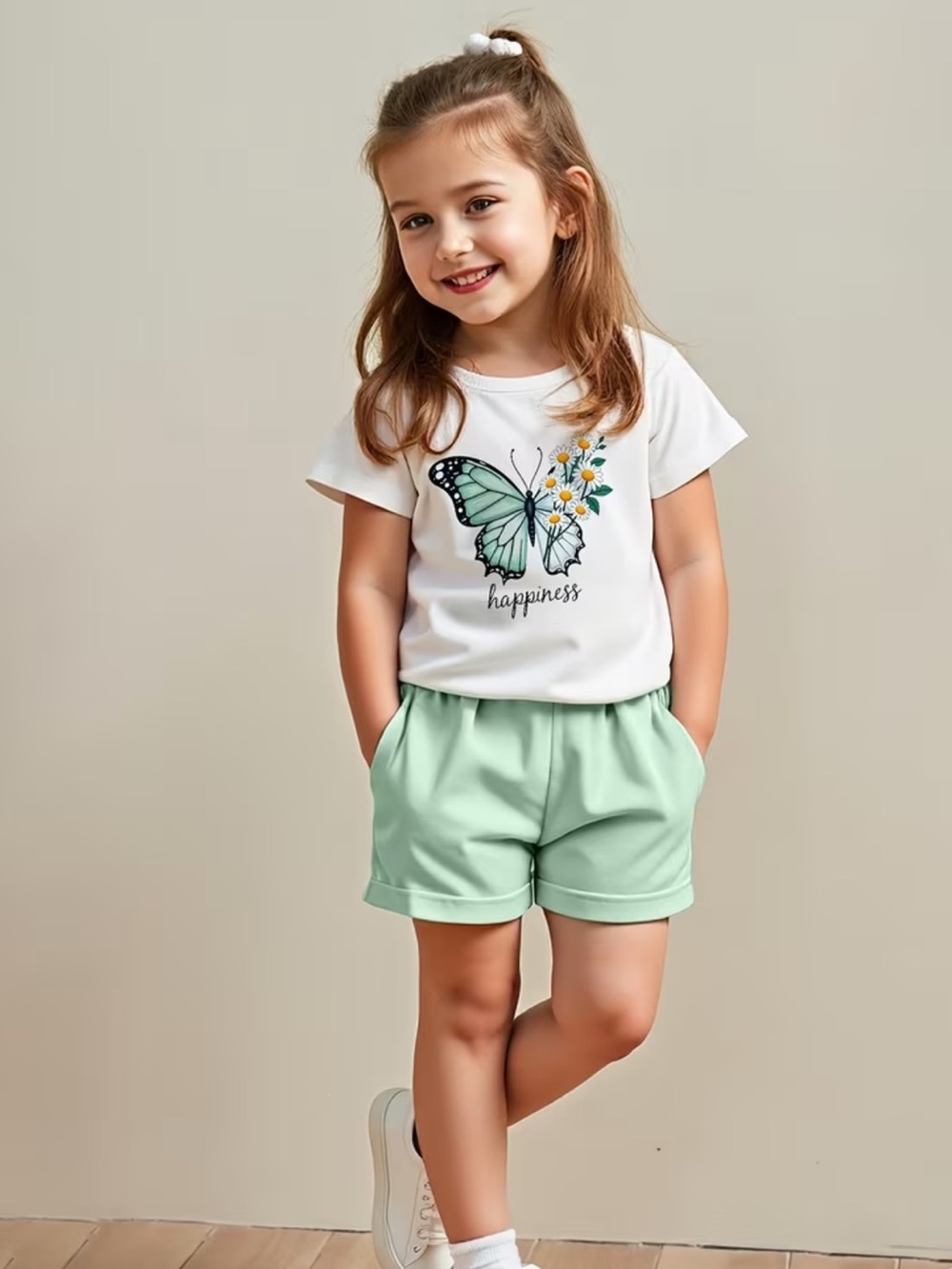 Girls White Butterfly 'Happiness' Tee with Mint Shorts Set fits 3-4 toddler